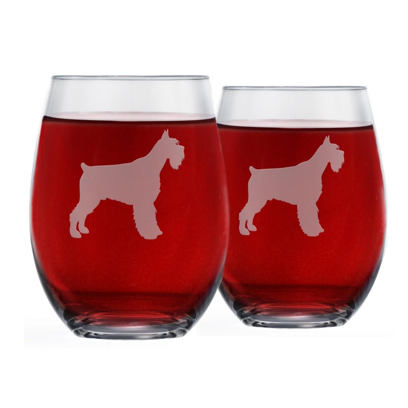 GreenLine Goods Schnauzer Stemless Wine Glasses (Set of 2) | Unique Gift for Dog Lovers | Hand Etched with Breed Name on Bottom - Image 1
